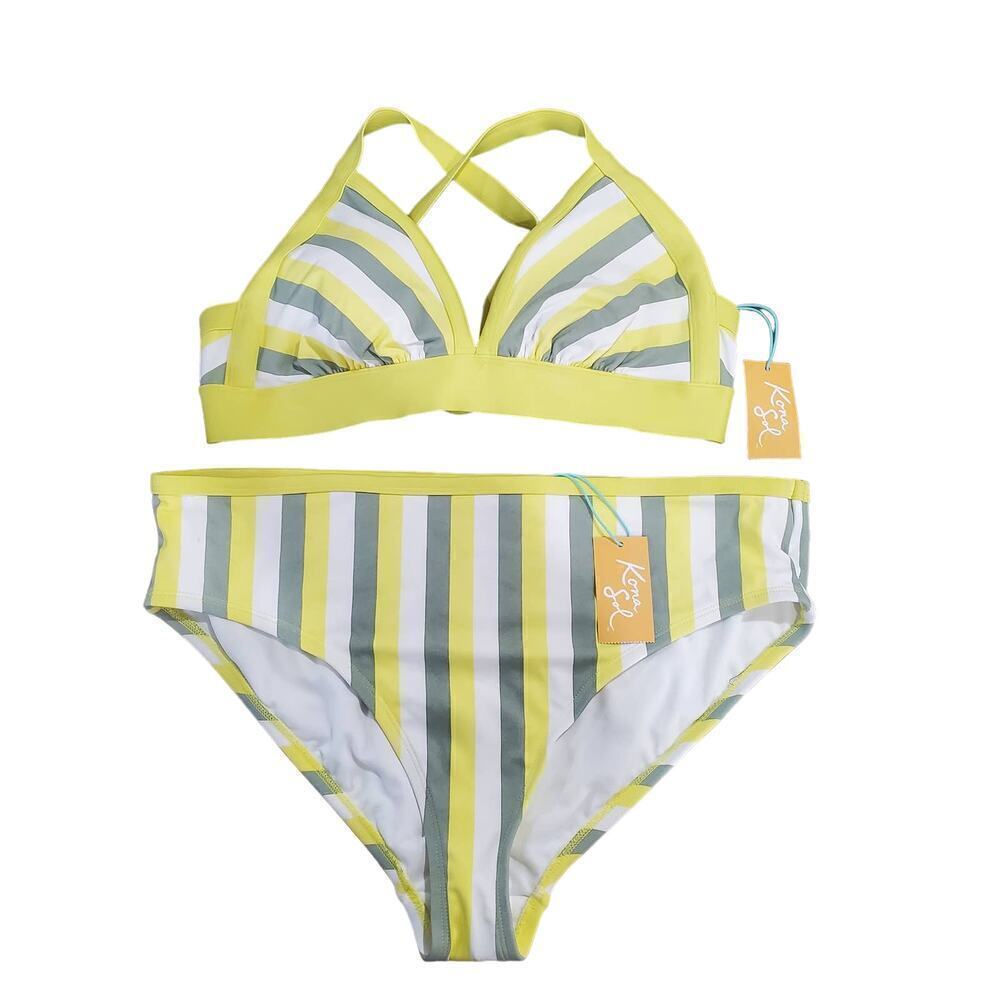 Kona Sol Bikini Womens 14W Yellow Two Piece Striped High Waist Swimwear